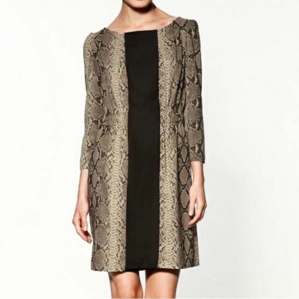 ZARA Woman Snake Print 3/4 Sleeves Sheath Dress Size XS